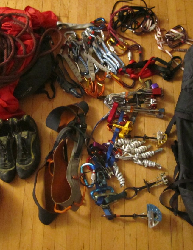 The contents of a trad climber's backpack