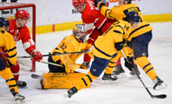 KINGSTON, CANADA - FEBRUARY 7:
The Queen’s Gaels and RMC Paladins square off for the annual Car-Harris Cup at Slush Puppy Place.
(Photo by: James Paddle-Grant/Queen’s Athletics & Recreation)