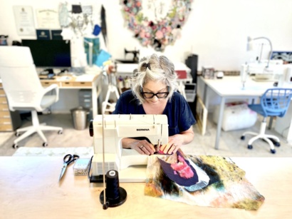 Working in studio sewing