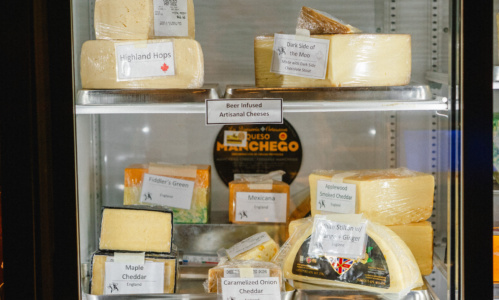 A variety of cheese inside a display refridgerator.