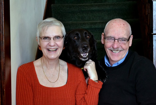 Hosts Nigel and Tessa Dearsley with a furry companion. Green Woods Inn is pet friendly.