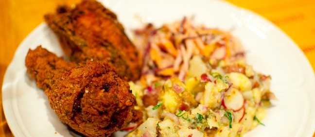 Fried chicken with coleslaw and potato salad inspired by the restaurant Breitbach's Country Dining