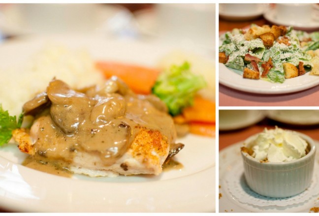 Aunt Lucy's tasty chicken marsala, caesar salad and apple crisp.