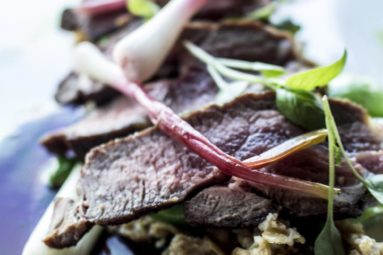 aquaterra_3 Ontario Lamb Loin: Pan seared, sautéed romano bean, Mill Creek peas, spring onion, pickled ramps, lamb jus, wild leek + goat cheese croquette, wild leek out, smoked oats.