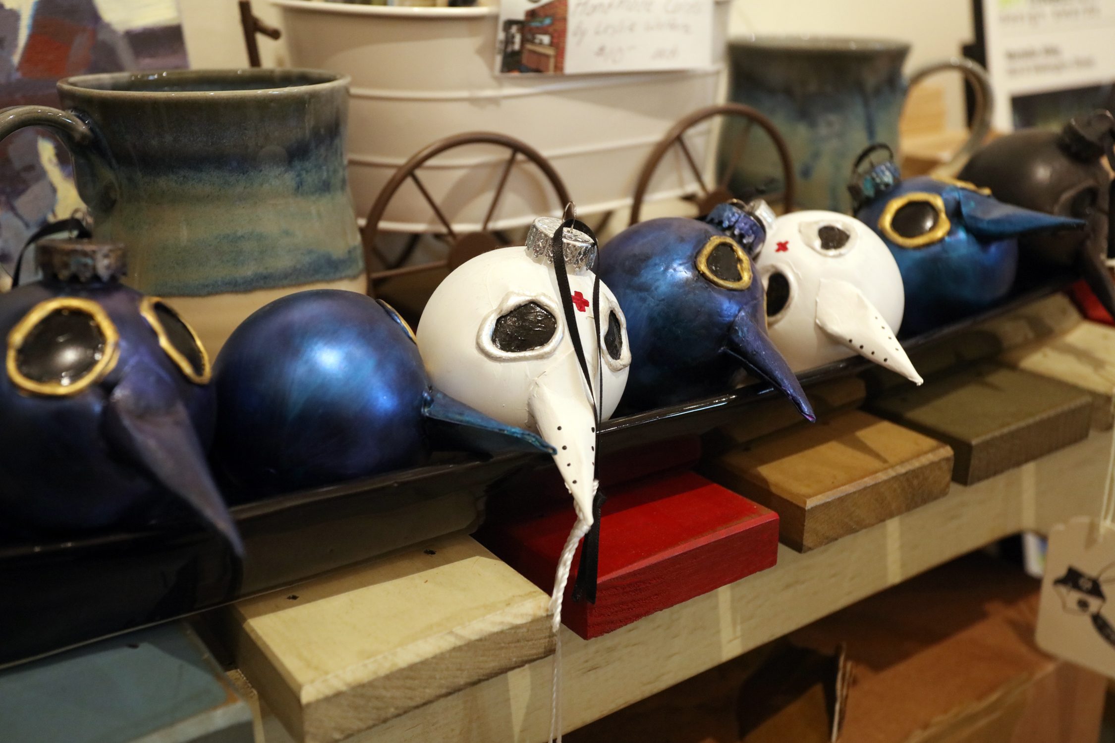 Plague doctor ornaments made by artist Bonnie Humber