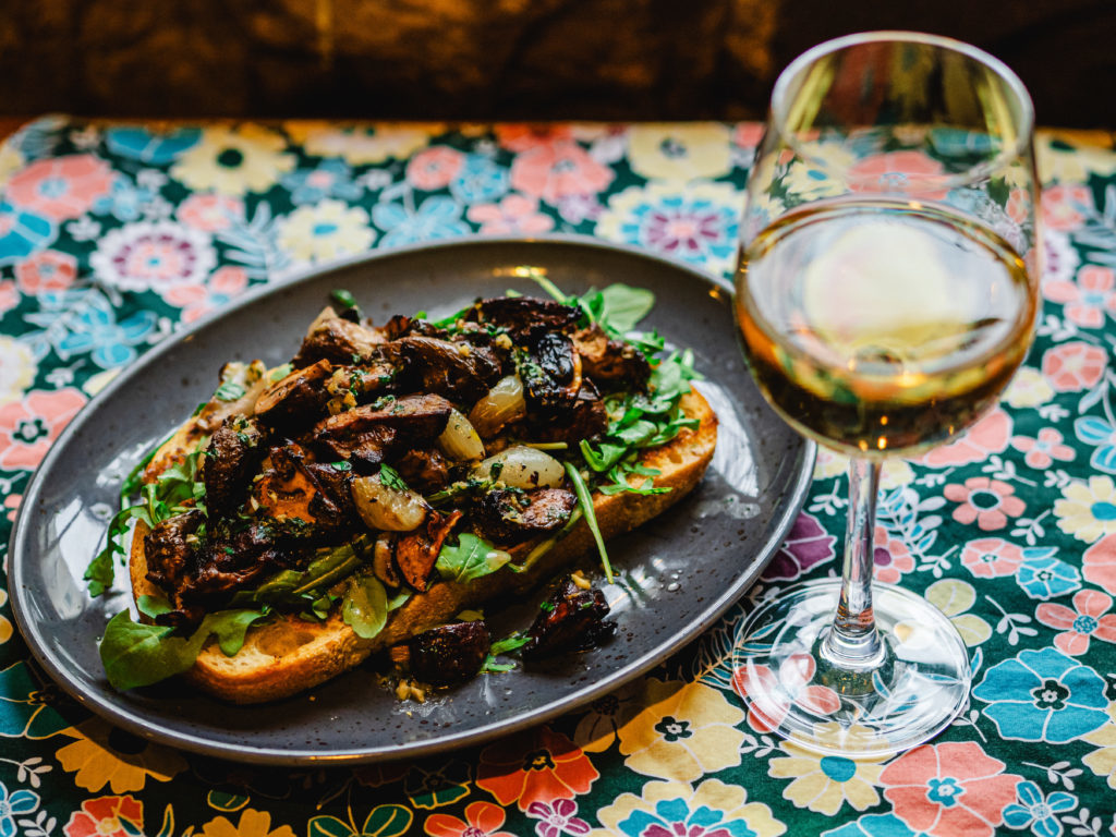 A roasted mushroom toast appetizer from Chez Piggy