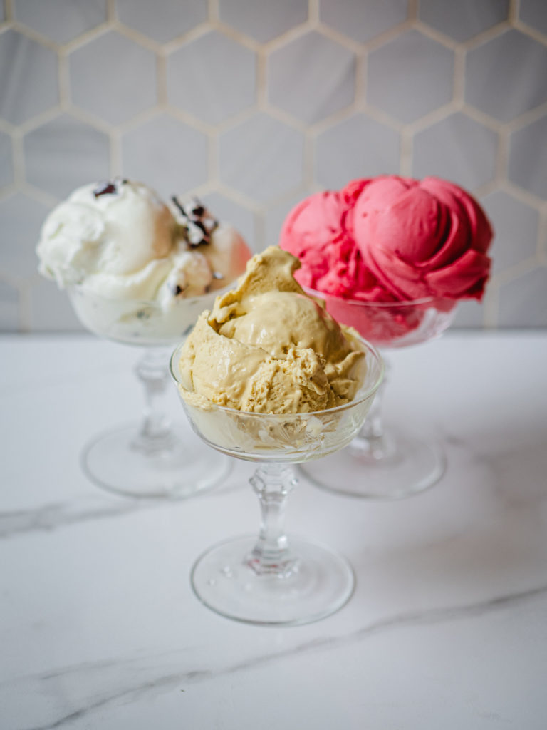 Raspberry sorbeto, pistachio and stracciatella gelato from Mio Gelato